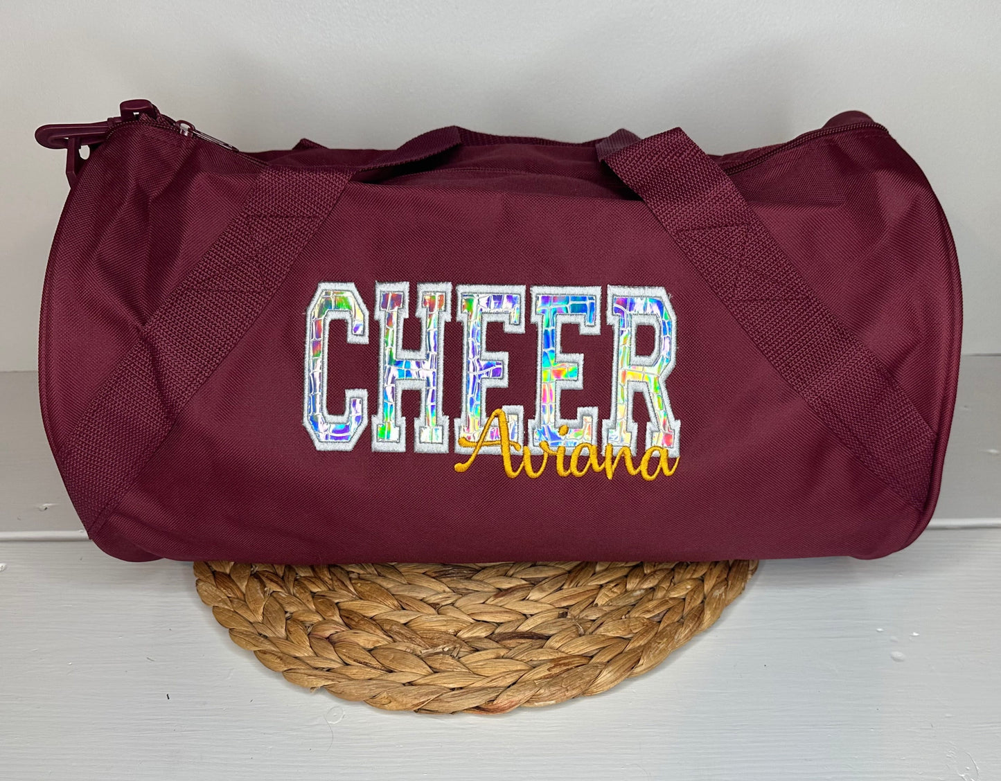 Personalized Cheer Duffel Bag with Silver Holographic Appliqué • Overnight Sleepover Bag • Cheerleader Duffel • Custom Cheer Carryall Gift