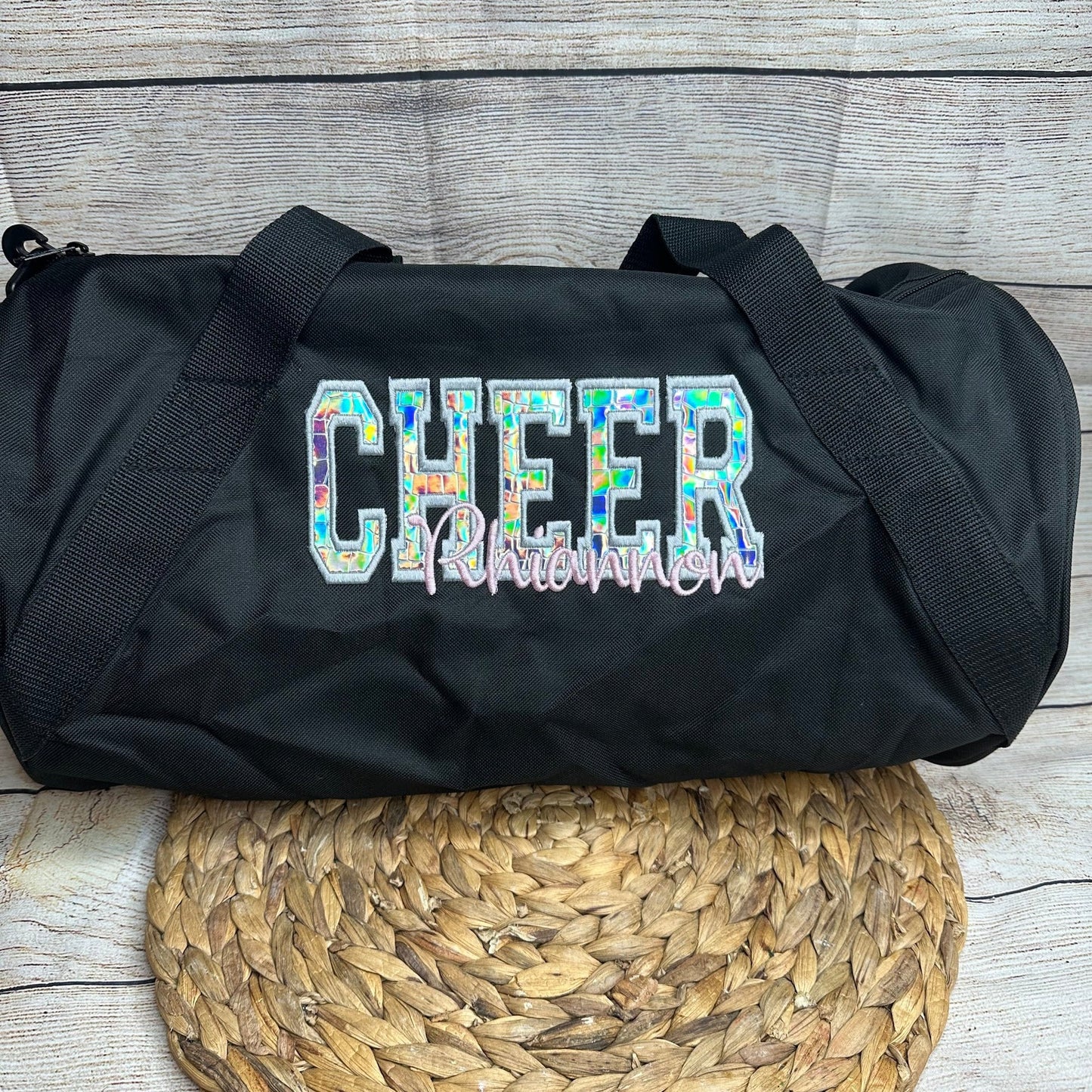Personalized Cheer Duffel Bag with Silver Holographic Appliqué • Overnight Sleepover Bag • Cheerleader Duffel • Custom Cheer Carryall Gift