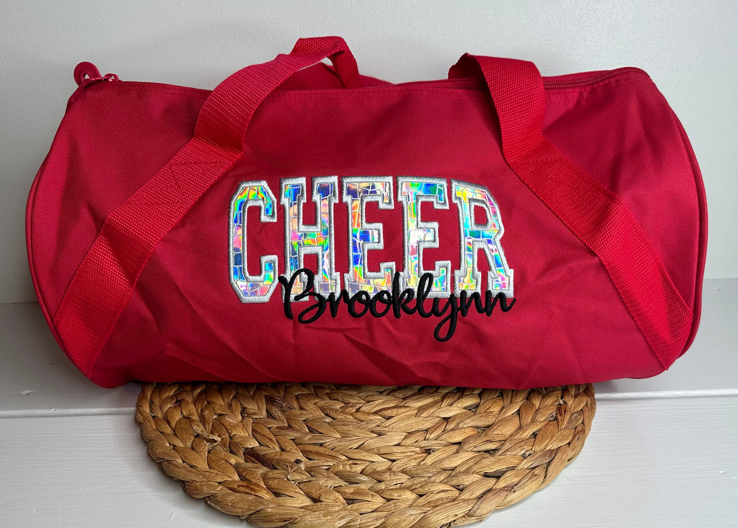 Personalized Cheer Duffel Bag with Silver Holographic Appliqué • Overnight Sleepover Bag • Cheerleader Duffel • Custom Cheer Carryall Gift