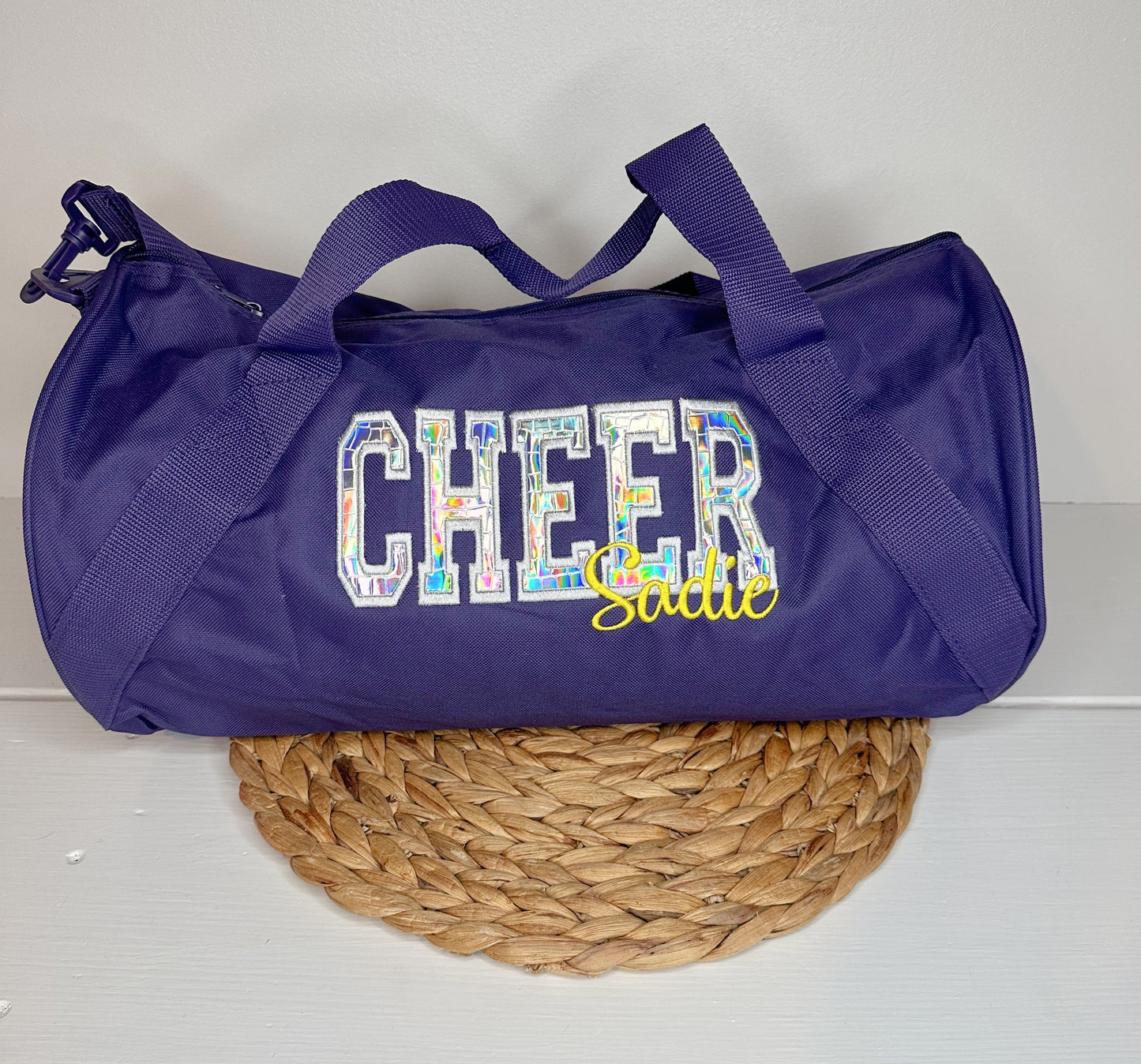 Personalized Cheer Duffel Bag with Silver Holographic Appliqué • Overnight Sleepover Bag • Cheerleader Duffel • Custom Cheer Carryall Gift