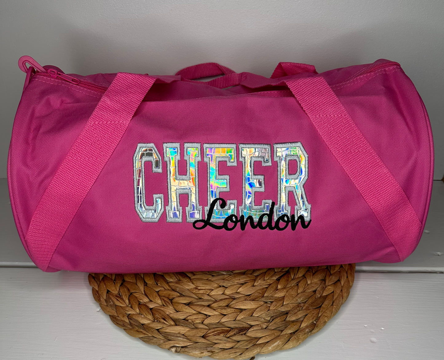 Personalized Cheer Duffel Bag with Silver Holographic Appliqué • Overnight Sleepover Bag • Cheerleader Duffel • Custom Cheer Carryall Gift