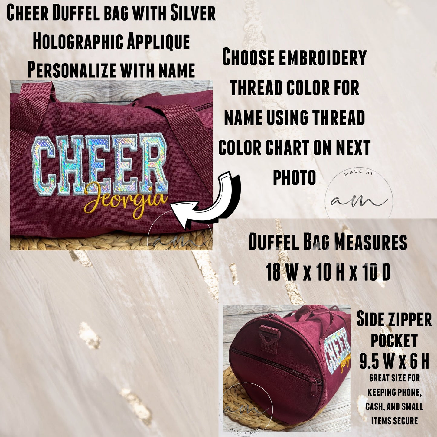 Personalized Cheer Duffel Bag with Silver Holographic Appliqué • Overnight Sleepover Bag • Cheerleader Duffel • Custom Cheer Carryall Gift
