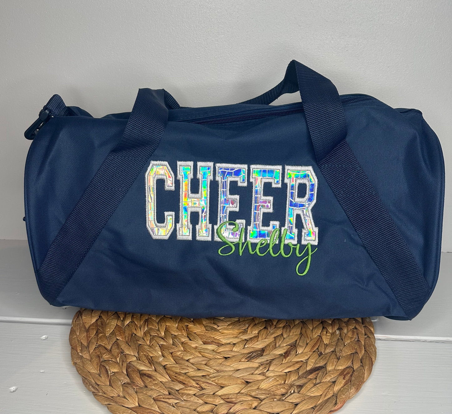 Personalized Cheer Duffel Bag with Silver Holographic Appliqué • Overnight Sleepover Bag • Cheerleader Duffel • Custom Cheer Carryall Gift