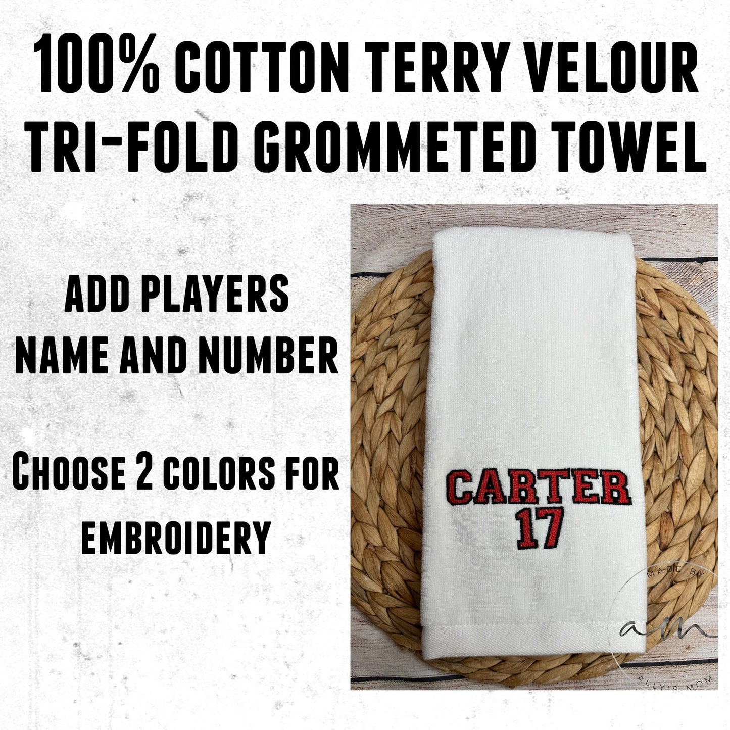 Personalized Sport Towel for Athlete • Athletic Towel with Name and Number Embroidered • Grommeted Tri Fold Towel • Gym Towel • Athlete Gift