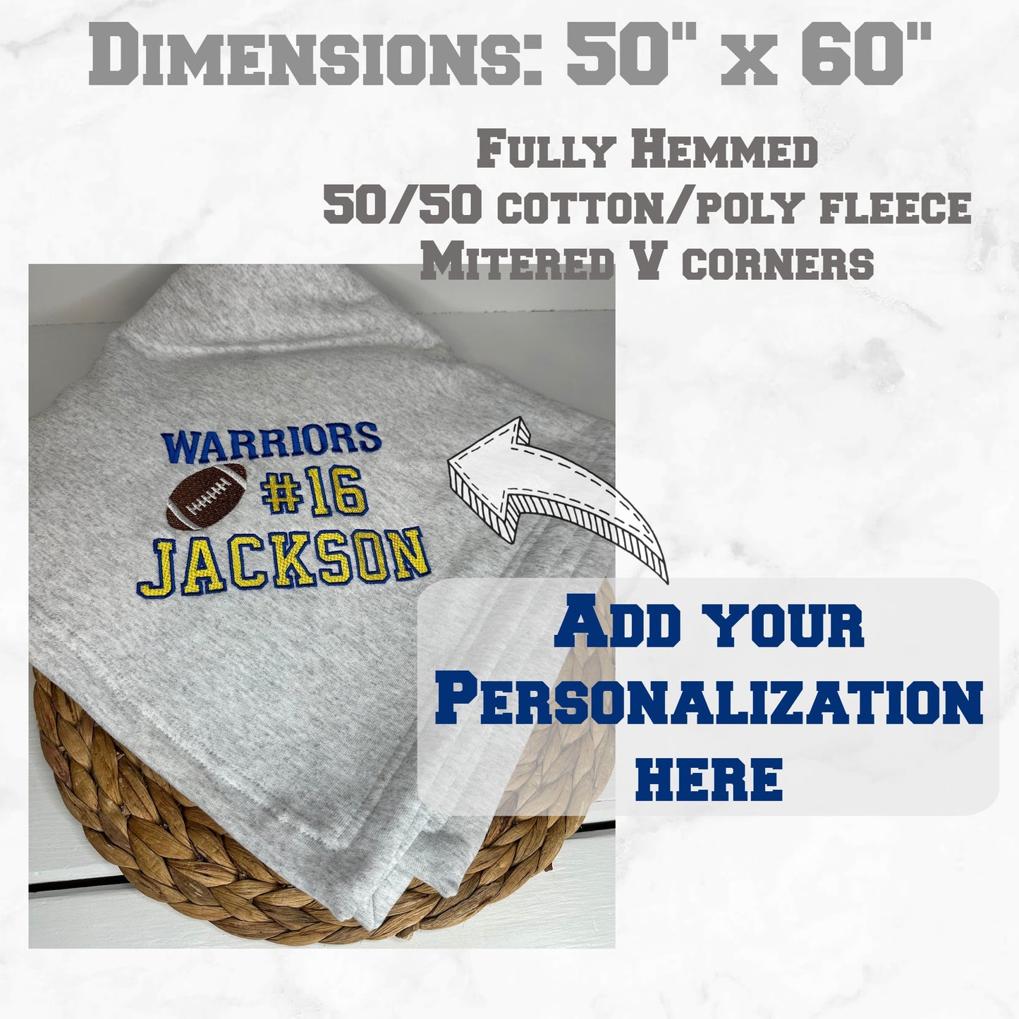 Personalized Stadium Blanket • Embroidered Football Blanket • Customized End of Year Gift • Sweatshirt Sport Blanket • College Dorm Blanket