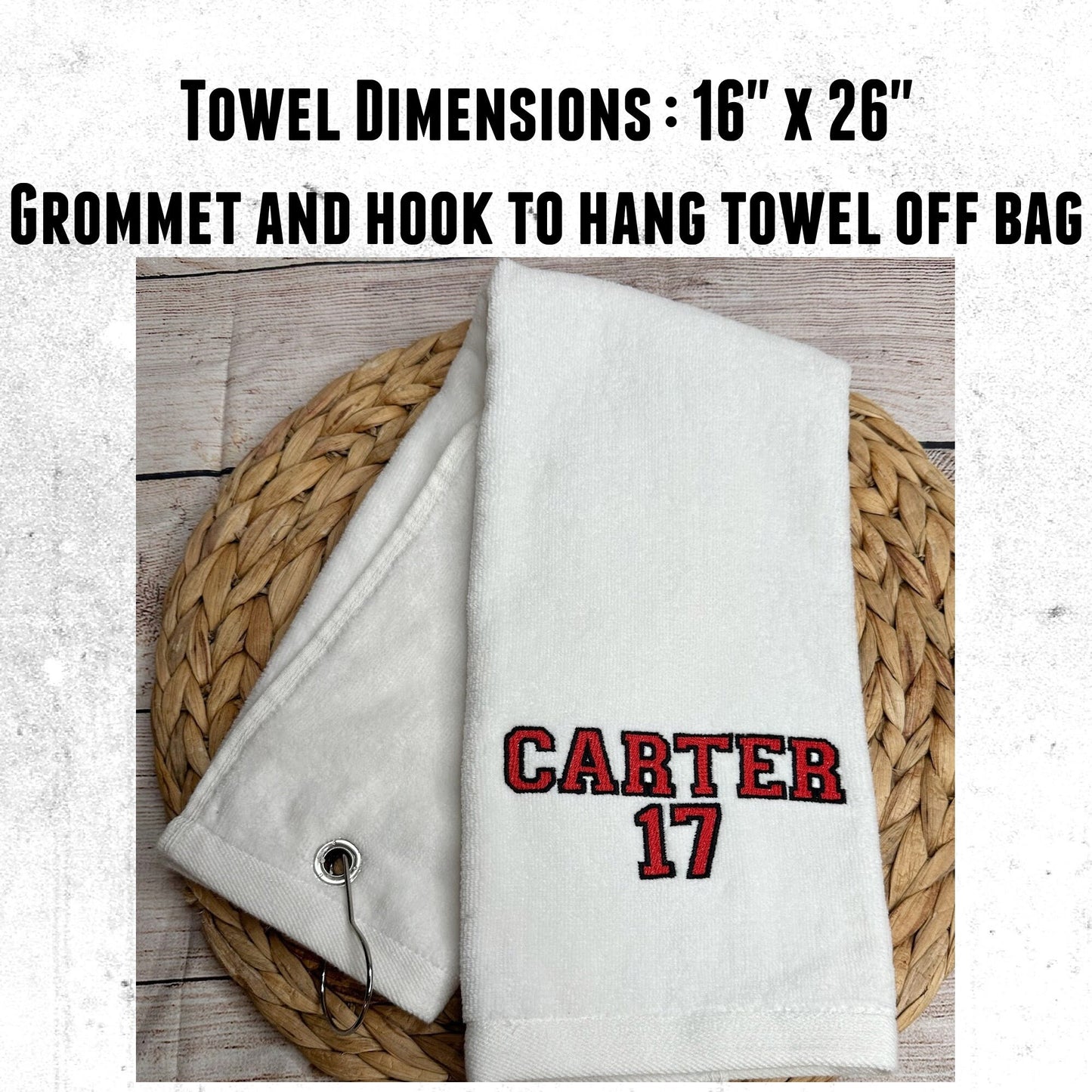 Personalized Sport Towel for Athlete • Athletic Towel with Name and Number Embroidered • Grommeted Tri Fold Towel • Gym Towel • Athlete Gift