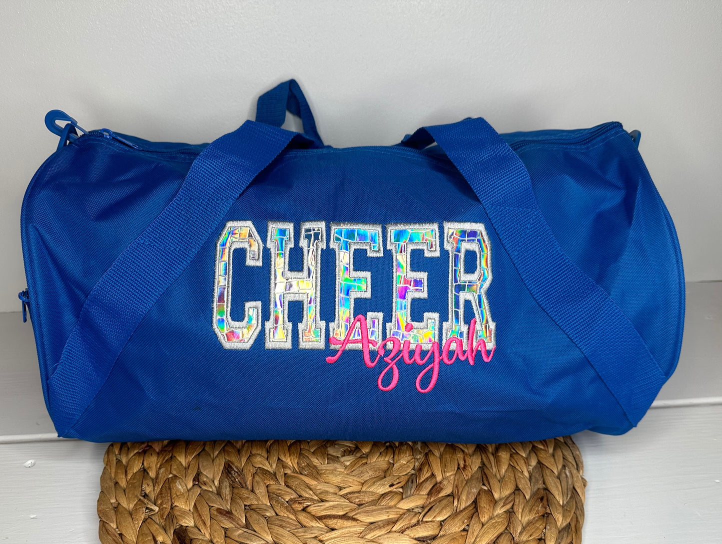 Personalized Cheer Duffel Bag with Silver Holographic Appliqué • Overnight Sleepover Bag • Cheerleader Duffel • Custom Cheer Carryall Gift