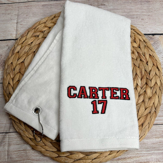Personalized Sport Towel for Athlete • Athletic Towel with Name and Number Embroidered • Grommeted Tri Fold Towel • Gym Towel • Athlete Gift